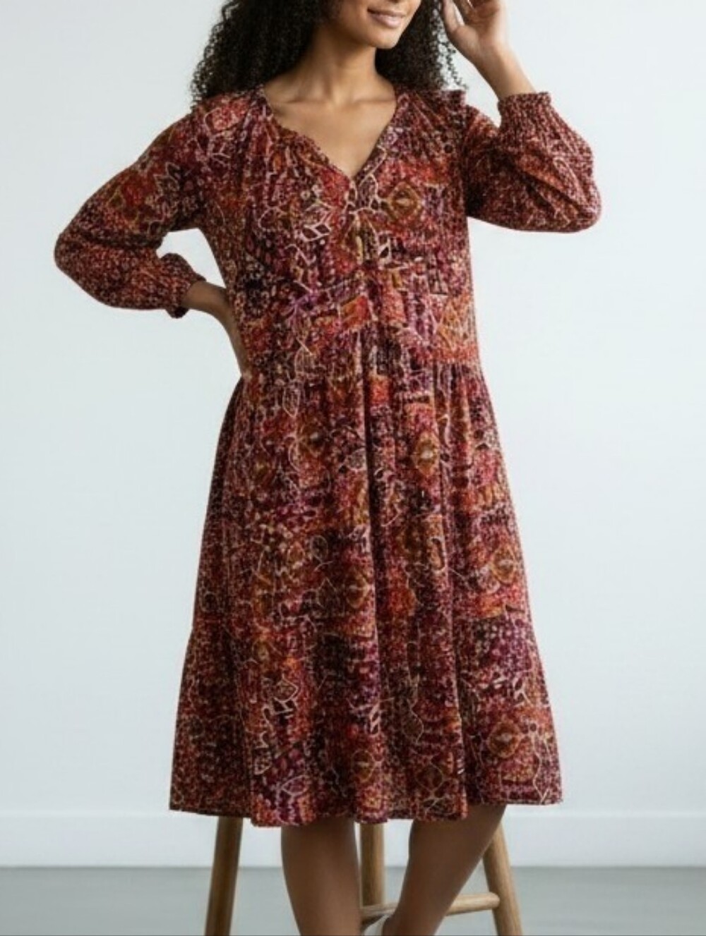 Xirena Lilith Geometric Printed Long Sleeve Tiered Dress in Burgundy and Pink L